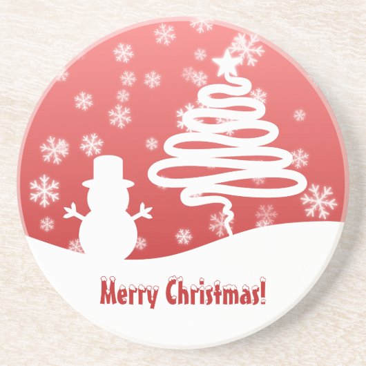 ホワイトクリスマスツリーと雪だるま コースター (正面)