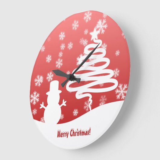 ホワイトクリスマスツリーと雪だるま ラージ壁時計 (傾斜)