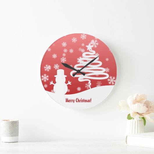 ホワイトクリスマスツリーと雪だるま ラージ壁時計 (ホーム)