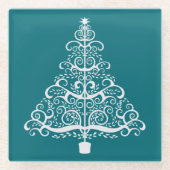 ホワイトクリスマスツリーオンティール（緑がかった色） ガラスコースター (正面)