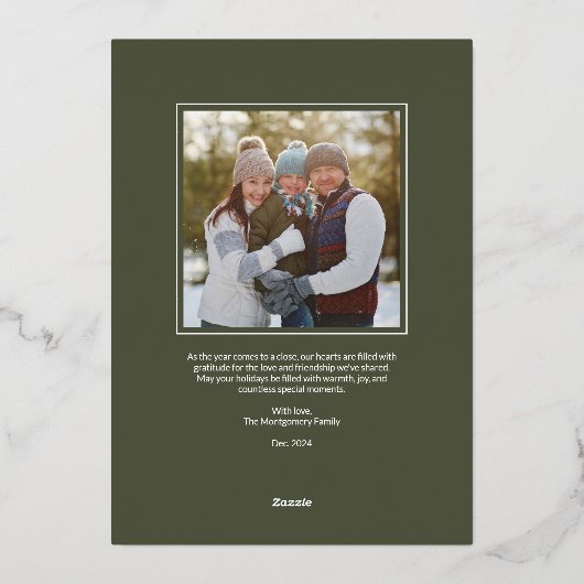 ホワイトクリスマスツリーホリデーフォトカード 箔シーズンカード (裏面)