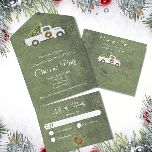 ホワイトクリスマストラックグリーンウッド会社のパーティー オールインワン招待状