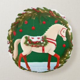 ホワイトクリスマスホースとフェスティバルリース ラウンドクッション