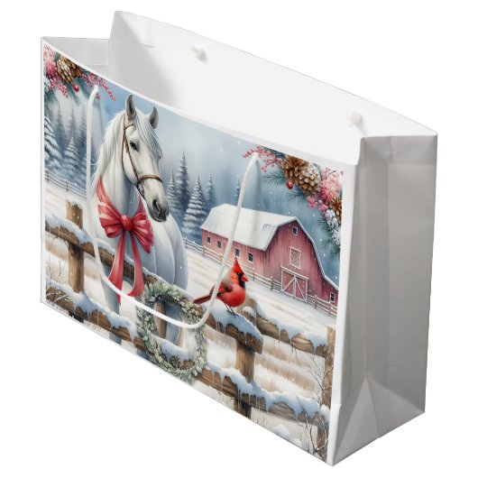 ホワイトクリスマスホースと（鳥）ショウジョウコウカンチョウ ラージペーパーバッグ (正面アングル)