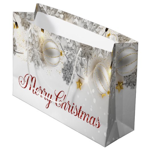 ホワイトクリスマスボール雪片ストリングライト ラージペーパーバッグ (正面アングル)