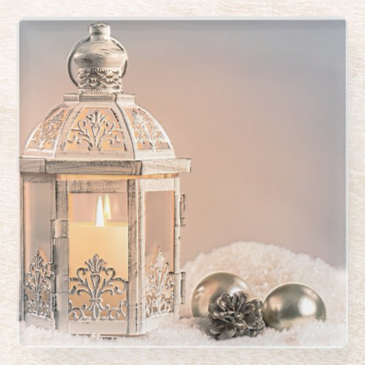 ホワイトクリスマスランタンとオーナメント ガラスコースター (正面)