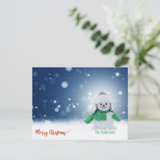 ホワイトクリスマス ユーモアのある雪だるまのクリスマスカード シーズンポストカード (スタンド正面)