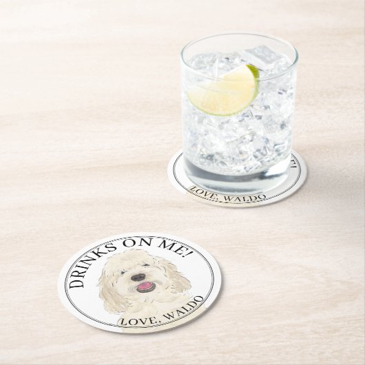ホワイトクリパーソナライズされたームゴールデンドードルドッグ結婚ズ ラウンドペーパーコースター (インサイチュ)