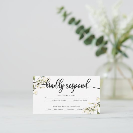 ホワイトクリームウォーターカラーフローラウェディングRSVP エンクロージャーカード (スタンド正面)