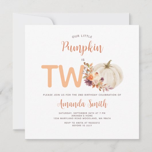 ホワイトクリームオレンジカボチャ2つの誕生日フローラ 招待状 (正面)