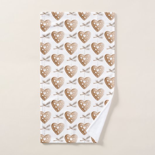 ホワイトクリームジンジャーブレッドクッキーハートクリスマス バスタオルセット (ハンドタオル)