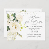 ホワイトクリームバラアジサイ結婚式の日付を保存 案内ポストカード (正面/裏面)
