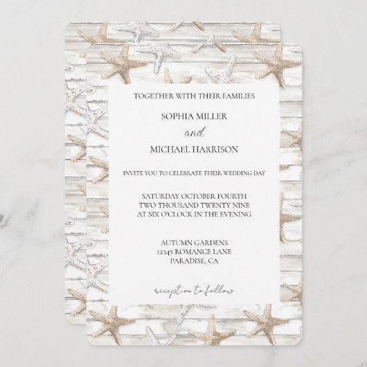 ホワイトクリームヒトデビーチ結婚式 招待状 (正面/裏面)