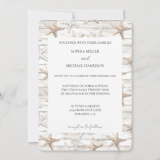 ホワイトクリームヒトデビーチ結婚式 招待状 (正面)