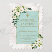 ホワイトクリームフラワースペインのズ1stバースデーバプテスマ 招待状 (正面/裏面)