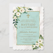 ホワイトクリームフラワースペインのズ1stバースデーバプテスマ 招待状 (正面)