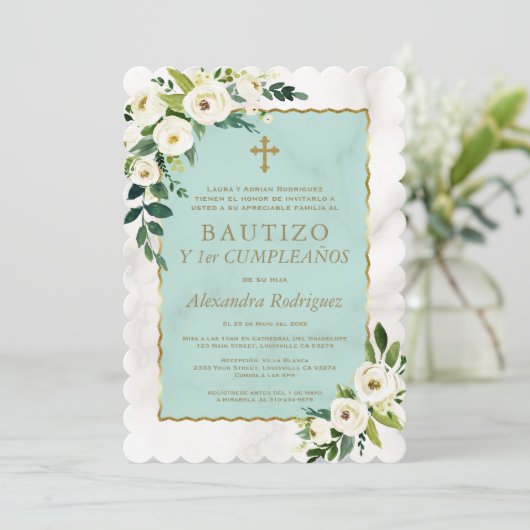 ホワイトクリームフラワースペインのズ1stバースデーバプテスマ 招待状 (スタンド正面)