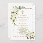 ホワイトクリームフラワーズファースト金ゴールド聖餐式 招待状 (正面/裏面)
