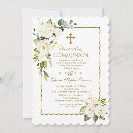 ホワイトクリームフラワーズファースト金ゴールド聖餐式 招待状 (正面)
