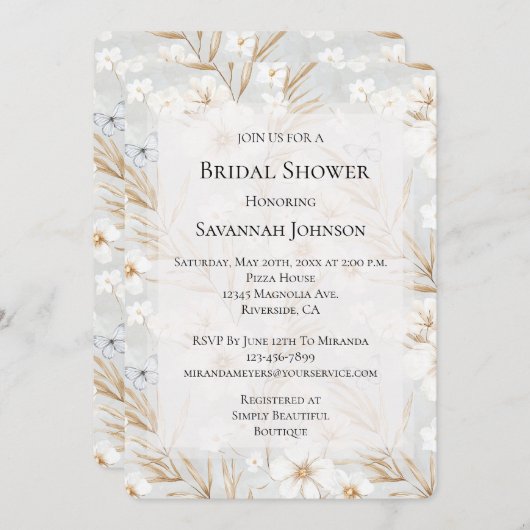 ホワイトクリームフラワーズブルー蝶ブライダルシャワー 招待状 (正面/裏面)