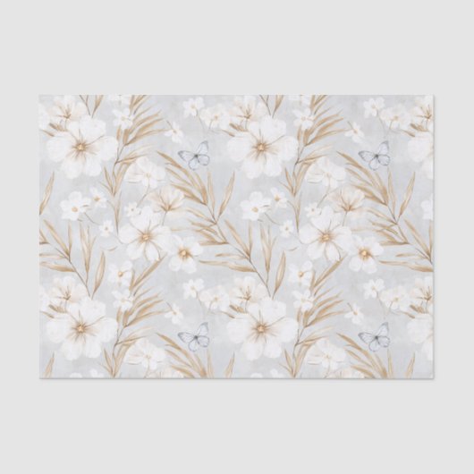 ホワイトクリームフラワーズブルー蝶ブライダルシャワー 薄葉紙 (正面)