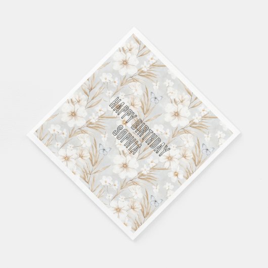 ホワイトクリームフラワーズブルー蝶誕生日 スタンダードランチョンナプキン (角)