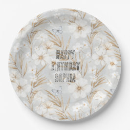 ホワイトクリームフラワーズブルー蝶誕生日 ペーパープレート