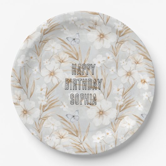 ホワイトクリームフラワーズブルー蝶誕生日 ペーパープレート (正面)