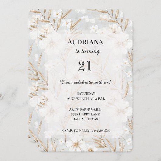 ホワイトクリームフラワーズブルー蝶誕生日 招待状 (正面/裏面)