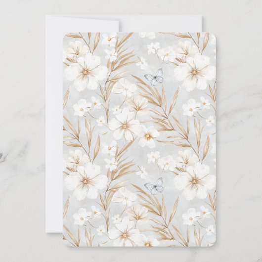 ホワイトクリームフラワーズブルー蝶誕生日 招待状 (裏面)