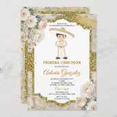 ホワイトクリームフラワーズ金ゴールドかわいいボーイプリメラコンニオン 招待状 (正面/裏面)