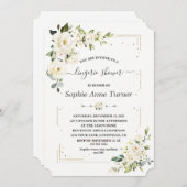 ホワイトクリームフラワーズ金ゴールドグリッターランジェリーシャワー 招待状 (正面/裏面)