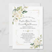 ホワイトクリームフラワーズ金ゴールドグリッター結婚フレーム 招待状 (正面)