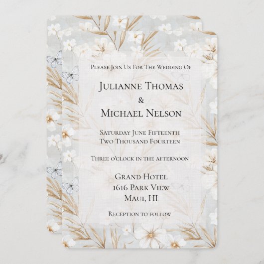 ホワイトクリームフラワーブルーチョウ結婚ズ 招待状 (正面/裏面)