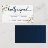 ホワイトクリームフローラウェディングRSVPネイビーブルー エンクロージャーカード (正面/裏面)