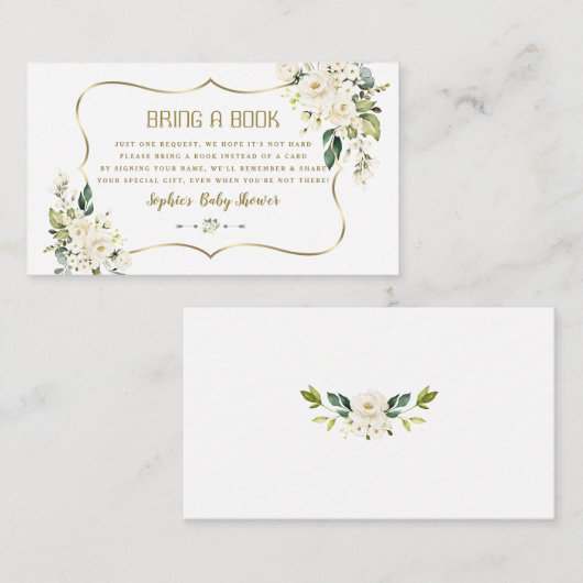 ホワイトクリーム花金ゴールド赤ちゃんシャワー本を持って来る エンクロージャーカード (正面/裏面)