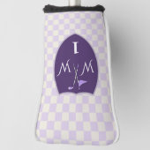 ホワイトクリーム&パープル市松模様に&モノグラム&ナンバー ゴルフヘッドカバー (回転90)