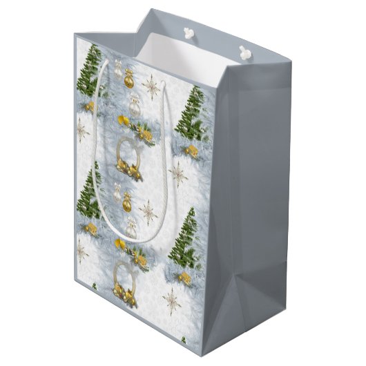 ホワイトクリ結婚スマスのリピートデザイン ミディアムペーパーバッグ (裏面アングル)