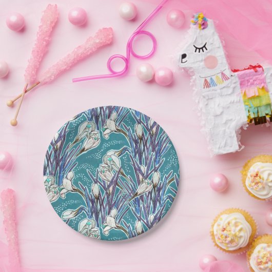 ホワイトクロキュース春花花柄ティール（緑がかった色） ペーパープレート (パーティー)