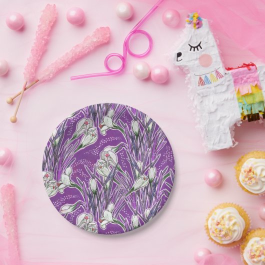 ホワイトクロキュース春花花柄パープル ペーパープレート (パーティー)
