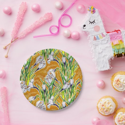 ホワイトクロキュース春花花花柄イエロー ペーパープレート (パーティー)