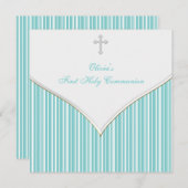 ホワイトクロスかわいらしティール（緑がかった色）ブルーファースト聖餐式 招待状 (正面/裏面)