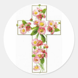 ホワイトクロスとピンクの花模様 ラウンドシール