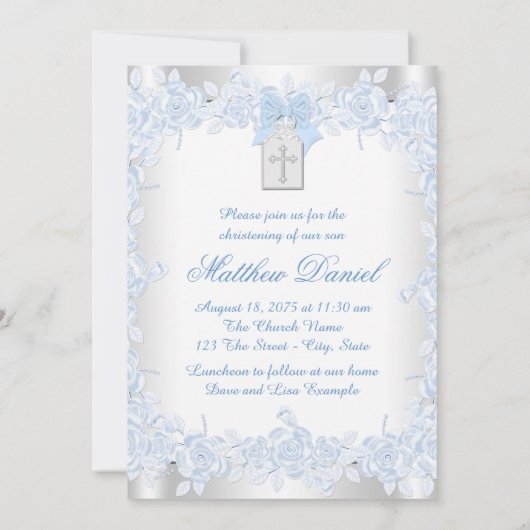ホワイトクロスエレガントベビーブルーフォト《キリスト教》洗礼式や命名式 招待状 (裏面)
