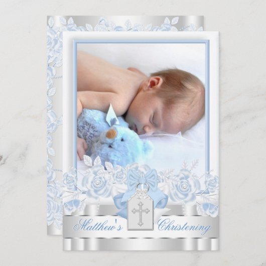ホワイトクロスエレガントベビーブルーフォト《キリスト教》洗礼式や命名式 招待状 (正面/裏面)