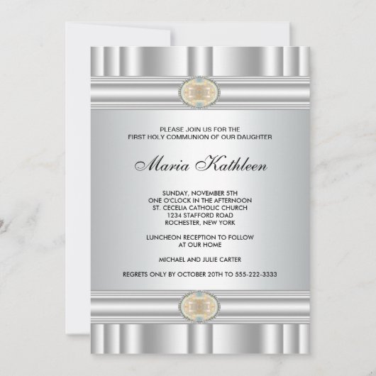 ホワイトクロスガールズエレガント金ゴールドファーストコミュニオン 招待状 (正面)
