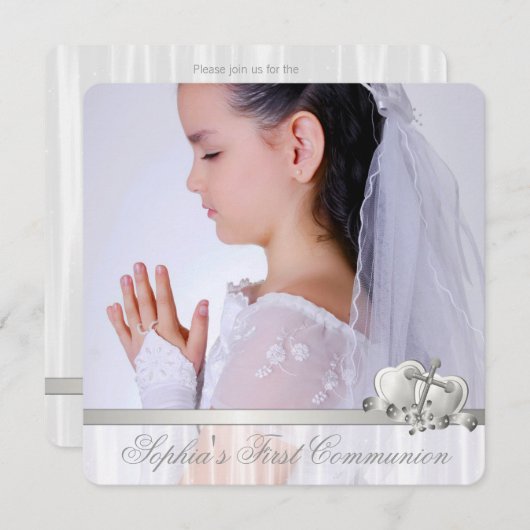 ホワイトクロスガールズホワイトフォトファースト聖餐式 招待状 (正面/裏面)