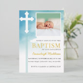 ホワイトクロスブルー水彩写真バプテスマ 箔招待状 (立ち正面)