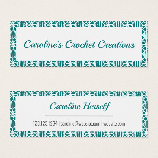 ホワイトクロチェットレース模様の名刺を持つティール(緑がかった色) (正面&裏面)