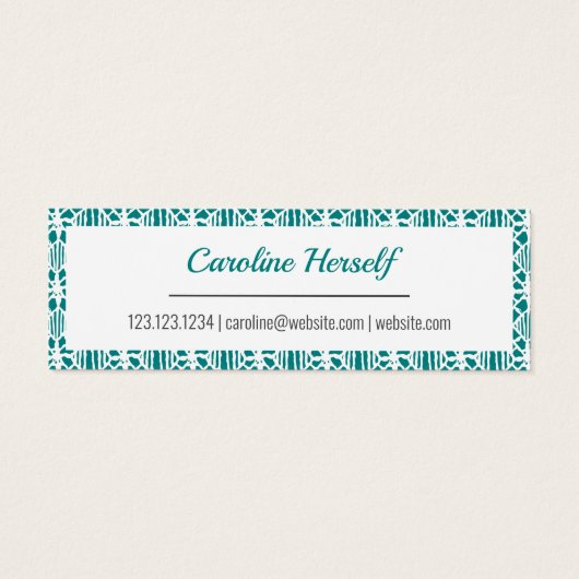 ホワイトクロチェットレース模様の名刺を持つティール(緑がかった色) (裏面)
